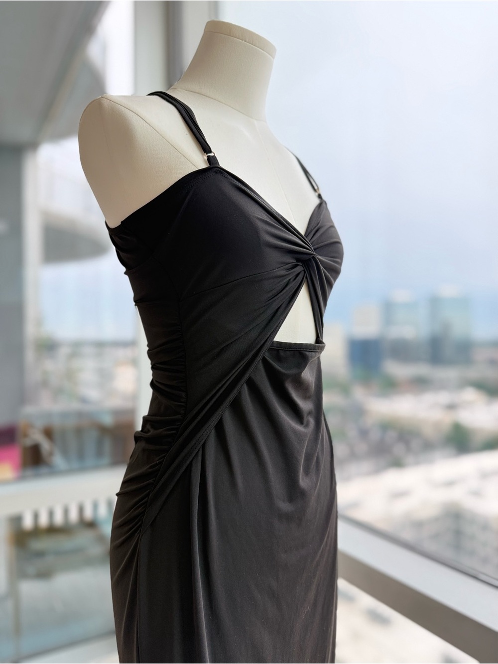 Black Twist Knot Cut-Out Spaghetti Strap Midi Dress